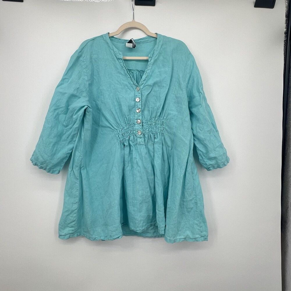 Match Point USA Linen Blue Tunic Top Sz XL Button Lagenlook Beachy Coastal Vaca
